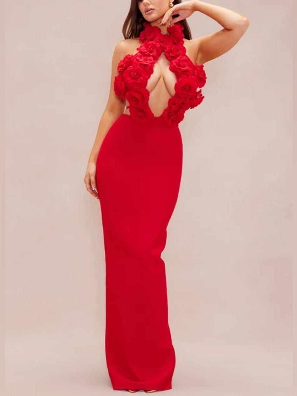 Red Floral Applique Halter Evening Gown